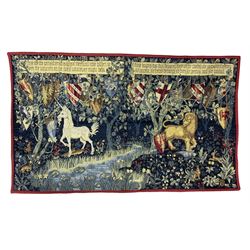 Machine made Point de Loiselles tapestry wall hanging with the arms of the knights of the Round Table after William Morris 90cm x 150cm