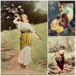 After Paul Thumann (German 1834-1908): 'Kunst bringt Gunst' 'Flower Girl' and 'Die Ährenleserin Ruth', set three Classical style crystoleum max 25cm x 17cm (3)