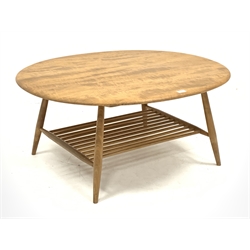 ercol light elm oval coffee table with undertier, 99cm x 83cm, H44cm