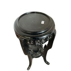 Oriental ebonised vase stand with pierced decoration D37cm and a mahogany tripod table