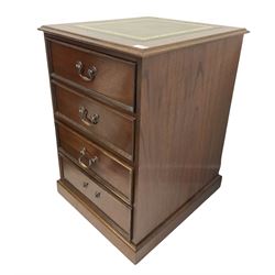 Mahogany two drawer filing cabinet, moulded top with leather inset, on plinth base
