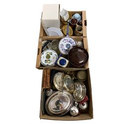 Quantity of kitchenalia in three boxes to include silver plate, metalware, stoneware etc. 
