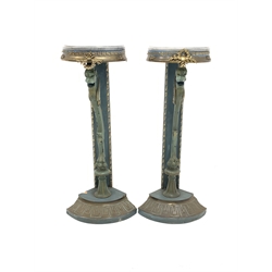  Pair of classical design marble top gueridons, decorated with winged dragons and gilt metal mounts, W41cm, H107cm, D34cm  
