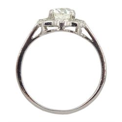 Platinum diamond ring, central old cushion cut diamond of approx 1.15 carat, with round brilliant cut and baguette cut diamond surround, stamped Plat