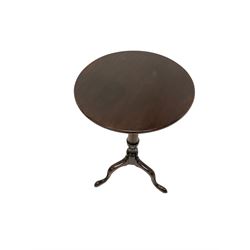 George III mahogany circular tilt-top wine table, turned column support with three splayed cabriole feet