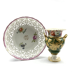 Meissen porcelain bowl with pierced pink border and floral painted centre, D31cm together with 19th century urn vase of baluster form, relief decorated with flowers on green ground, unmakers, possibly Coalport H23cm (2)