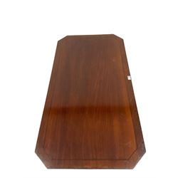 Regency style mahogany tilt-top table, canted rectangular top on collar turned column, three splayed supports with brass cups and castors