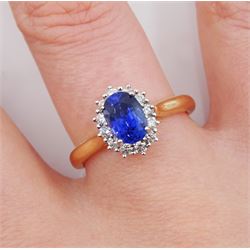 18ct rose gold oval sapphire and round brilliant cut diamond cluster ring, hallmarked, sapphire approx 1.25 carat
