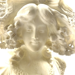  Carved alabaster bust of a woman wearing a lace bonnet on  acanthus carved socle base, indistinctly signed verso H50cm  