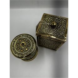  Embossed brass string box and embossed brass tea caddy