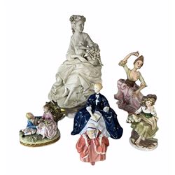 Capodimonte bisque figure of a seated girl on a gilt metal stand H35cm, another smaller figure, two Royal Doulton figures 'Goody Two Shoes' HN2037 and 'Laurianne' HN2719 and two Continental figures