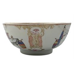 18th century Chinese porcelain bowl, having polychrome enamel and gilt decoration depicting figures seated at a table, rabbits, precious objects and children, the interior with spear head border, D14cm, Edo period Japanese globular form teapot and an 18th/ early 19th century Chinese Famille Rose 'Lotus' tea bowl, with Jiaqing six-character iron red mark (3)