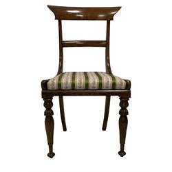 Set of four 19th century rosewood bar-back dining chairs, striped upholstered drop-in seats, on foliate carved and turned supports