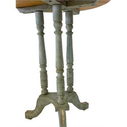 19th century satinwood wine table, circular top with chamfered edge decorated with veined copper detail, triple turned pillars on platform with three splayed supports, in pale blue and green marbled and wax finish