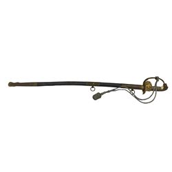 German Third Reich Naval officers sword, the blade marked F W Holler, Solingen, gilt metal folding guard with fouled anchor, wire wound celluloid grip and lion's head pommel, blade length 80cm in leather scabbard with metal mounts, No.03234
