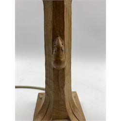 Thompson of Kilburn 'Mouseman' adzed oak table lamp with octagonal stem on a leaf carved square base with carved mouse signature H26.5cm excluding fitting