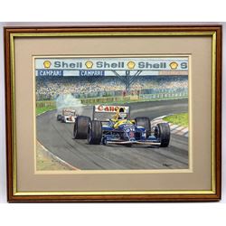 Robert Parkin (British, 20th/21st century): 'Mansell at Silverstone 1992' watercolour of Formula 1 scene, signed, titled verso 22cm x 29cm