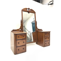 Victorian mahogany pedestal dressing table, the swing mirror with broken arch pediment, raised on two pedestal chests, each fitted with three drawers and a candle slide, W167cm, H174cm, D56cm