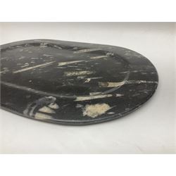 Large oblong platter, together with a matching smaller platter, both with Orthoceras and Goniatites inclusions, large platter L46cm