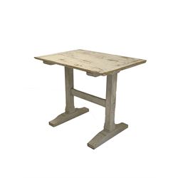 20th century Arts and Crafts style white painted pine table, rectangular top with chamfered edge raised on two square supports leading to sledge feet, united by chamfered stretcher 90cm x 65cm, H76cm