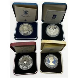 Four The Royal Mint United Kingdom silver proof crown coins dated 1980, 1981, 1990 and 1993, all cased with certificates