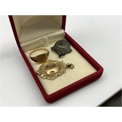 9ct gold fob engraved 'S.T.C.L. Winners Div.D 1929 H.W.Swift.', silver fob, various cloth badges including 'Fire Service Nottinghamshire', WWI War and Victory medal pair awarded to 'G-96257 PTE.G.I. SWIFT. MIDD X R', George VI 1939 1945 Defence Medal, 9ct gold signet ring, bayonet and other miscellaneous items
