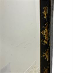Early 20th century square Chinoiserie wall mirror, the black lacquered frame with raised gilt decoration depicting traditional fishing scenes, branches and flower heads, bevelled plate