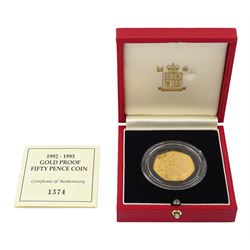 Queen Elizabeth II dual dated 1992 1993 gold proof fifty pence coin, cased with certificate 