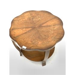 Art Deco period figured walnut two tier book table of lobed circular design W62cm
