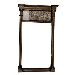 Regency style rectangular mirror with column pilasters with ornamental plate decorated with birds in foliage 65cm
