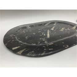 Large oblong platter, together with a matching smaller platter, both with Orthoceras and Goniatites inclusions, large platter L46cm