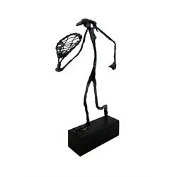 Three figural Giacometti inspired sculptures, two modelled as female tennis players and the other as a golfer, on rectangular bases, each signed Maas, H50cm max (3)