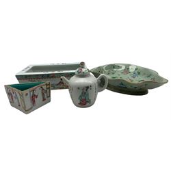 Mid 20th century Chinese porcelain bulb pot, Chinese Celadon dish, Chinese triangular dish and teapot 