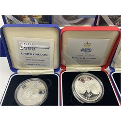 Six The Royal Mint United Kingdom silver proof five pound coins, comprising 1997 'Golden Wedding', 1997 'Diana', 1998 'His Royal Highness The Prince of Wales 50th Birthday', 2000 'Millennium', 2002 'Golden Jubilee' and 2002 '1900-2002 Her Majesty Queen Elizabeth The Queen Mother', all cased with certificate (6)