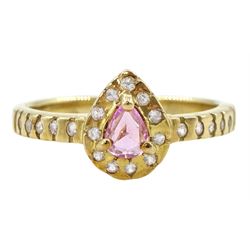 9ct gold pear shaped pink sapphire and diamond cluster ring, with diamond set shoulders, hallmarked 