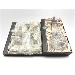  Edinburgh Crystal 'Continental' cut glass decanter with fluted stopper and a set of six matching wine glasses, both boxed   