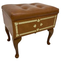 Cabriole box stool, hinged seat upholstered in buttoned fabric