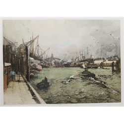 Luigi Kasimir (Austro-Hungarian 1888-1962): Busy Shipping Port, coloured aquatint signed in pencil 45cm x 65cm