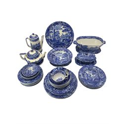 Copeland Spode Italian part dinner and teaware comprising coffee pot, teapot & stand, one teacup, three egg cups, four dinner plates, six bowls, six soup bowls, sauce tureen, three side plates, ten salad plates, large tureen, lacking cover, circular serving plate etc, all with blue oval back stamps