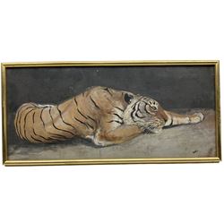 BWC (Continental Early 20th century): Portrait of a Recumbent Tiger, watercolour signed 20cm x 43cm