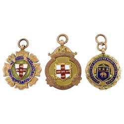 Three 9ct gold enamelled medallions, all hallmarked