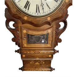 G. Griffin of Tamworth - American late 19th century 8-day wall clock with a  scalloped dial surround and inlay, case with carved side pieces, pendulum viewing door and Ogee base, painted dial inscribed with the retailers name, Roman numerals and minute track,  twin train spring driven movement striking the hours on a bell. With pendulum. 
