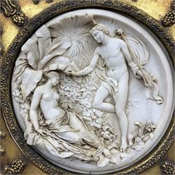 After Edward William Wyon (English 1811-1855): Circular composite relief panel depicting Oberon and Titania, in square gilt frame, 29cm x 29cm 