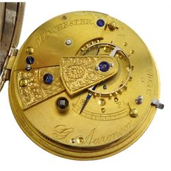 Victorian silver open face English lever fusee pocket watch by George Aaronson, Manchester, No. 202015, cream enamel dial with Roman numerals and subsidiary seconds dial, case by William George Hammon, Birmingham 1895, with silver chain
