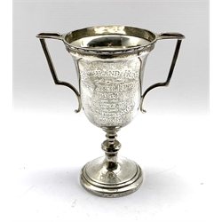 Silver two handled trophy 'Goathland Hunt Best Bitch Puppy' on a pedestal foot H18cm Birmingham 1933 Maker Joseph Gloster Ltd 7.5oz