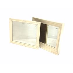 White painted framed bevel edged wall mirror (69cm x 59cm) together with another similar (70cm x 56cm) and pair modern silver gilt frames with prints (4)