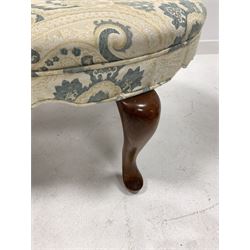 Upholstered oval footstool raised on walnut cabriole supports 116cm x 63cm, H46cm