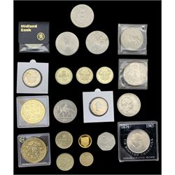 Two sterling silver medallions from 'The Millionaires Collection' in plastic cases, various Queen Elizabeth II commemorative crowns, seven old style two pound coins, 2002 five pound coin etc