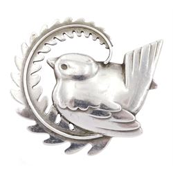 Georg Jensen silver bird and fern brooch, No. 309, designed by Arno Malinowski, stamped 925S