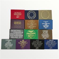 Thirteen The Royal Mint coinage of Great Britain and Northern Ireland coin year sets from 1970 to 1982 inclusive, in plastic holders with card covers (13)